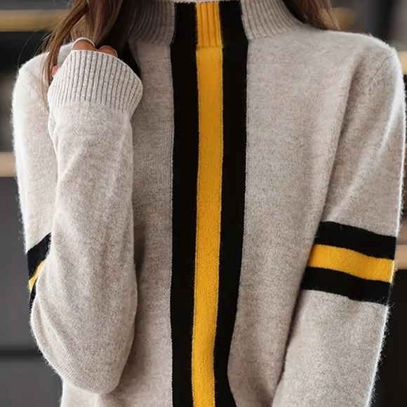 Stylish Gray Sweater with Yellow and Black Stripes - Picture 2 of 11